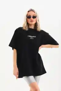 Kadın Baskılı Oversize Kısa kol  T-Shirt - Siyah