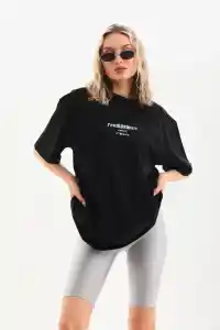 Kadın Baskılı Oversize Kısa kol  T-Shirt - Siyah