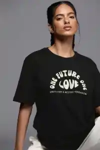 Kadın Baskılı T-Shirt Kısa Kol Bisiklet Yaka Oversize Rahat Kalıp Tişört - Siyah