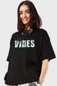 Kadın Kısa Kol Yazlık Tişört Bisiklet Yaka VIBES Baskılı T-Shirt - Siyah