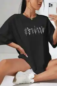 Kadın Baskılı T-Shirt Kısa Kol Bisiklet Yaka Oversize Rahat Kalıp Tişört - Siyah