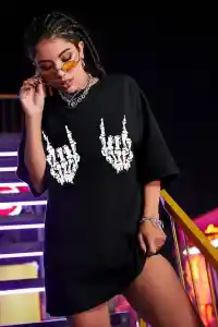 Kadın Baskılı T-Shirt Kısa Kol Bisiklet Yaka Oversize Rahat Kalıp Tişört - Siyah