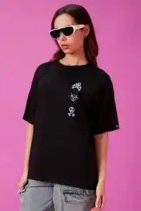 Kadın Kısa Kol Yazlık Tişört Bisiklet Yaka Baskılı Oversize T-Shirt - Siyah