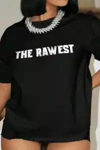 Kadın Baskılı T-Shirt Kısa Kol Bisiklet Yaka Oversize Rahat Kalıp Tişört - Siyah