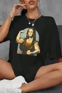 Kadın Baskılı T-Shirt Kısa Kol Bisiklet Yaka Oversize Rahat Kalıp Tişört - Siyah