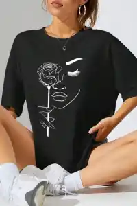 Kadın Tişört Baskılı Kısa kol Oversize T-shirt - Siyah