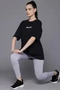 Kadın Baskılı T-Shirt Kısa Kol Bisiklet Yaka Oversize Rahat Kalıp Tişört - Siyah