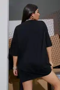 Kadın Baskılı T-Shirt Kısa Kol Bisiklet Yaka Oversize Rahat Kalıp Tişört - Siyah