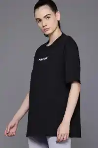 Kadın Baskılı T-Shirt Kısa Kol Bisiklet Yaka Oversize Rahat Kalıp Tişört - Siyah