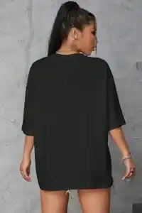 Kadın Baskılı T-Shirt Kısa Kol Bisiklet Yaka Oversize Rahat Kalıp Tişört - Siyah