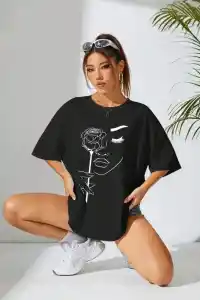 Kadın Tişört Baskılı Kısa kol Oversize T-shirt - Siyah