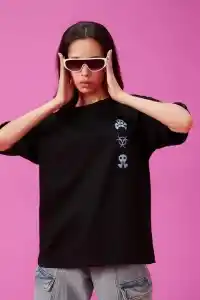Kadın Kısa Kol Yazlık Tişört Bisiklet Yaka Baskılı Oversize T-Shirt - Siyah