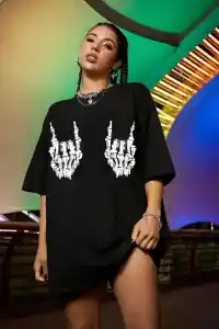 Kadın Baskılı T-Shirt Kısa Kol Bisiklet Yaka Oversize Rahat Kalıp Tişört - Siyah
