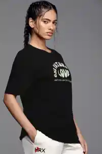 Kadın Baskılı T-Shirt Kısa Kol Bisiklet Yaka Oversize Rahat Kalıp Tişört - Siyah