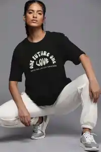 Kadın Baskılı T-Shirt Kısa Kol Bisiklet Yaka Oversize Rahat Kalıp Tişört - Siyah