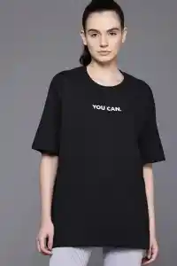 Kadın Baskılı T-Shirt Kısa Kol Bisiklet Yaka Oversize Rahat Kalıp Tişört - Siyah