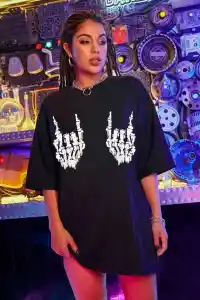Kadın Baskılı T-Shirt Kısa Kol Bisiklet Yaka Oversize Rahat Kalıp Tişört - Siyah
