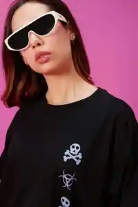Kadın Kısa Kol Yazlık Tişört Bisiklet Yaka Baskılı Oversize T-Shirt - Siyah
