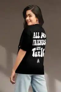 Kadın Kısa Kol Yazlık Tişört Bisiklet Yaka Baskılı Oversize T-Shirt - Siyah