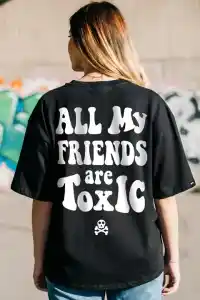 Kadın Kısa Kol Yazlık Tişört Bisiklet Yaka Baskılı Oversize T-Shirt - Siyah