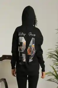Kadın Oversize Kapüşonlu Cepli Baskılı 3 İplik Pamuklu Hoodie Sweatshirt - Siyah