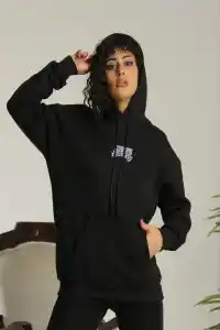 Kadın Oversize Kapüşonlu Cepli Baskılı 3 İplik Pamuklu Hoodie Sweatshirt - Siyah
