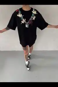 Kadın Kısa Kol Yazlık Tişört Bisiklet Yaka Baskılı Oversize T-Shirt - Siyah
