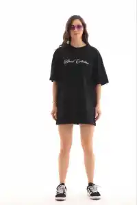 Kadın Kısa Kol Yazlık Tişört Bisiklet Yaka Baskılı Oversize T-Shirt - Siyah