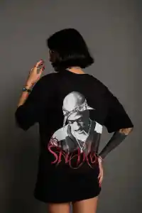 Kadın Baskılı T-Shirt Oversize Kısa kol Bisiklet yaka tişort- Siyah