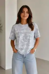 Kadın Batik Desenli Tişört Bisiklet Yaka Kısa Kol Regular Fit T-shirt - Gri
