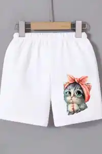 Kadın Beli Lastikli Baskılı Mini Şort - Beyaz