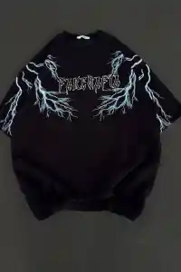 Kadın Bisiklet Yaka Baskılı  Kısa kol Oversize T-Shirt - Siyah