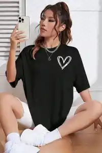 Kadın Tişört Bisiklet Yaka Baskılı Oversize T-Shirt - Siyah