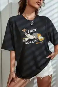 Kadın Tişört Bisiklet Yaka Baskılı Oversize T-Shirt - Siyah