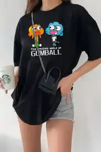 Kadın Kısa kol Tişört Bisiklet Yaka Baskılı Oversize T-Shirt - Siyah