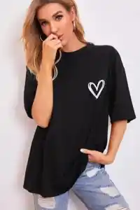 Kadın Tişört Bisiklet Yaka Baskılı Oversize T-Shirt - Siyah
