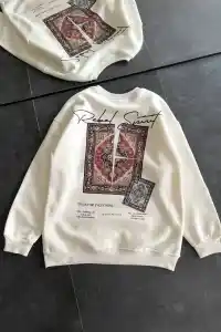 Kadın Bisiklet Yaka Kilim Halı Baskılı 3 İplik Pamuklu Sweatshirt - Beyaz