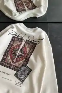 Kadın Bisiklet Yaka Kilim Halı Baskılı 3 İplik Pamuklu Sweatshirt - Beyaz