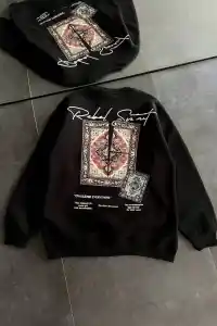 Kadın Bisiklet Yaka Kilim Halı Baskılı 3 İplik Pamuklu Sweatshirt - Siyah