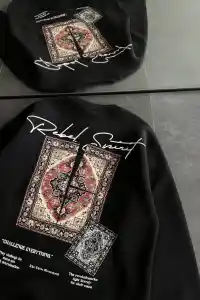 Kadın Bisiklet Yaka Kilim Halı Baskılı 3 İplik Pamuklu Sweatshirt - Siyah