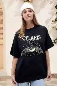 Kadın Baskılı T-Shirt Kısa Kol Bisiklet Yaka Oversize Rahat Kalıp Tişört - Siyah