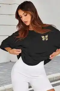 Kadın Baskılı T-Shirt Kısa Kol Bisiklet Yaka Oversize Rahat Kalıp Tişört - Siyah