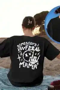 Kadın Baskılı T-Shirt Kısa Kol Bisiklet Yaka Oversize Rahat Kalıp Tişört - Siyah