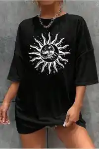 Kadın Baskılı T-Shirt Kısa Kol Bisiklet Yaka Regular Fit Rahat Kalıp Tişört - Siyah