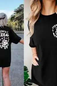 Kadın Baskılı T-Shirt Kısa Kol Bisiklet Yaka Oversize Rahat Kalıp Tişört - Siyah