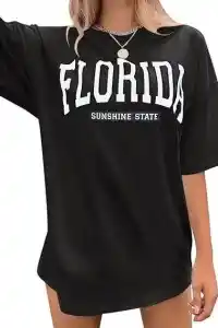Kadın Kısa Kol Yazlık Tişört Bisiklet Yaka FLORIDA Baskılı T-Shirt - Siyah