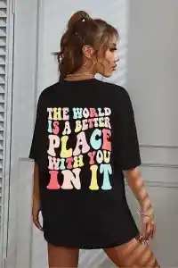 Kadın Baskılı T-Shirt Kısa Kol Bisiklet Yaka Oversize Rahat Kalıp Tişört - Siyah