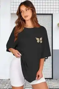 Kadın Baskılı T-Shirt Kısa Kol Bisiklet Yaka Oversize Rahat Kalıp Tişört - Siyah