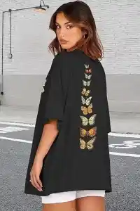 Kadın Baskılı T-Shirt Kısa Kol Bisiklet Yaka Oversize Rahat Kalıp Tişört - Siyah