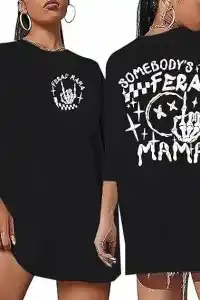 Kadın Baskılı T-Shirt Kısa Kol Bisiklet Yaka Oversize Rahat Kalıp Tişört - Siyah